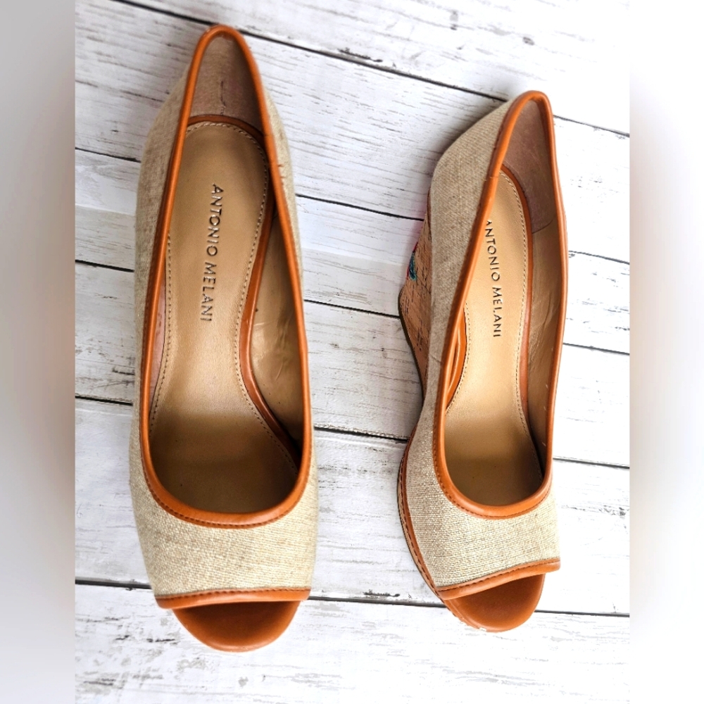 Antonio Melani Embroidered Floral Cork Wedge Sandal Heels Peep Toe Size 7.5M - Picture 11 of 17